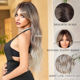 Nuxovin Long Wavy Curly Wigs Human Hair with Bangs Heat Resistant Natural Brunette for Women Daily Party Use Lightweight Tangle Free (Ash Blonde,28 Inch)