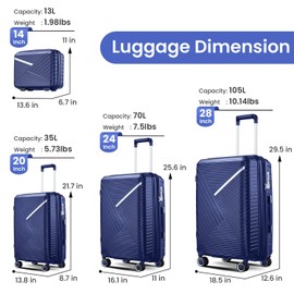 Merax Luggage Set of 4, Expandable Lightweight Suitcase with 4 Double 360 Degrees Mute Spinner Wheels and TSA Lock, PP Materials, 14”20”24”28”, Navy Blue