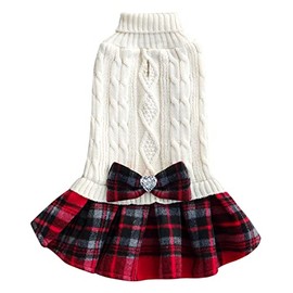 KYEESE Dog Sweater Dress with Leash Hole for Small Dogs with Bowtie Buffalo Check Red Turtleneck Dog Pullover Knitwear Puppy Cat Sweater Beige