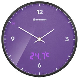 Bresser MyTime LEDsec Radio-Controlled Clock with 24 cm Dial, LED Seconds Display, Indoor Temperature and Silent Radio-Controlled Clock, Purple
