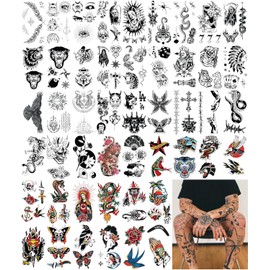 Impressed.co Impresionado 48 Hojas Unisex Vintage American Traditional Temporal Tatuajes - Pequeño Semi Permanente Blackwork Minimalista Falso Tatuaje Flash Para Mujeres Y Hombres - Mano D