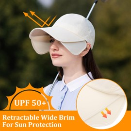 Peicees Wide Brim Baseball Cap for Women Mens Sun Hat with Retractable Brim UV Sun Protection for Golf Tennis Sports Hiking White