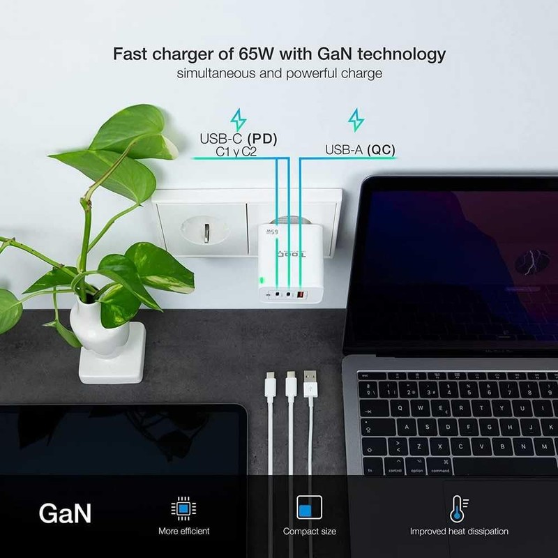 TOOQ TQWC-GANQC2PD65WT - 3-Port Wall Charger with GaN Technology, 2