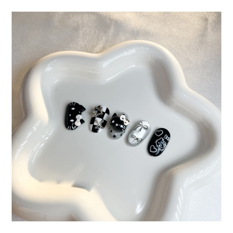 2+1 Event Black Horizontal Cat Checkerboard Nail - Coffin (Long)