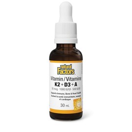 Natural Factors Natural Factors Vitamin K2+D3+A 30ml, Easy-to-Take Liquid, 480 Drops, 50 mcg/1000 IU/500 IU, Supports Immune Health, Bone & Teeth Health, Vegetarian, Proudly Canadian