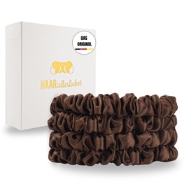 HAARallerliebst® Set of 4 100% Thin Silk Scrunchie Hair Bobbles with Cardboard Box, Hair Scrunchies for Every Day, Hair Care Scrunchies, No Hair Damage (Brown, Thin)