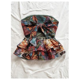 SOLY HUX Women's Floral Print Tie Backless Tube Top Layered Ruffle Strapless Vacation Tops Multi Butterfly Large