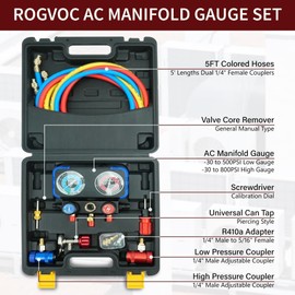 CALPOSE R1234yf AC Gauge, 3 Way AC Manifold Gauge Set for R1234yf Refrigerant, Refrigerant Gauges with 5FT Hoses，R410a Adapter, Puncturing Can Tap, Anti-Collision Dials Provide More Accurate Reading