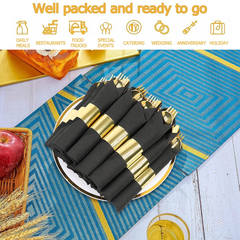 Dlebay 50 Pack Pre Rolled Gold Plastic Silverware Set,Wrapped Plastic