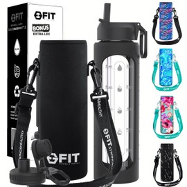 FIT Strong & Healthy 32 oz Glass Water Bottle with Straw Lid, Time Marker, Sleeve, Extra Lid & Water Bottle Holder with Strap - Motivational, Wide Mouth (Black Sleeve, Black Carrier)