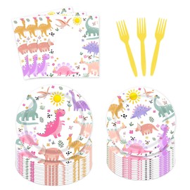 AEMUYA Pastel Dinosaur Plates and Napkins Cute Dino Pink & Purple Birthday Party Jungle Wild Animals Party Supplies Tableware Set for 24 Guests Safari Zoo Birthday Favors