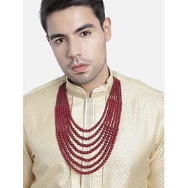 Aheli 7 Layered Traditional Maroon Beaded Moti Mala Maharaja Haar Dulha Groom Necklace Gift for Men