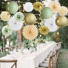 Sage Green Party Decorations Hanging Paper Lanterns Fans Cream Sage Green Gold and White Party Decorations with Gold Star Garland for Sage Green Birthday Baby Shower Engagement Wedding