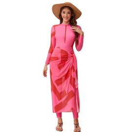 IDOPIP Muslim Burkini Swimsuit for Women's One Piece Swimsuit with Beach Skirt+Cover up Sarong+Pants 4PCS Islamic Bathing Suit Floral Print Swimsuits Ruffle Monokini Swimwear Pink XL