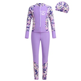 IDOPIP Girls One Piece Swimsuit with Cap Toddler Kids Long Sleeve Rash Guard Full Body Wetsuit Swimsuit Front Zipper Surfing Swimwear Beachwear UPF 50+ Sun Protection Bathing Suit Purple 4-5 Years