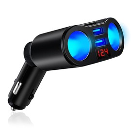 KFZ Ladegerät Verteiler mit 2 Steckdosen und Dual USB Ports, Zigarettenanzünder-Splitter, Auto Ladegerät Zigarettenanzünder Adapter, 120W Leistung, LED Spannungsanzeige für Smartphones und Tablets ﻿