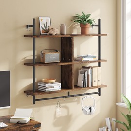 Bestier Floating Pipe Shelving Kitchen Shelves Wall Mounted 3 Tier 41.5" Ladder Coffee Bar Shelf Hanging with Circular Tube, Display Bookshelf Storage for Living Room Kitchen, Rustic Brown