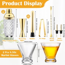 Pickmesh 9 Pcs Gold Cocktail Shaker Set 13 oz Glass Cocktail Shaker with Built-in Strainer, 2 Martini Glasses, Shakers Bartending Drink Mixer Set Cocktail Mixer Gifts Set for Dad, Boyfriend, Husband