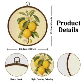 Vintage Lemon Round Wall Art Decor, Retro Fruit Framed Canvas Prints Artwork, Rustic Neutual Wall Hanging Door Decor for Bedroom,Living room,or Kitchen 10x10in (BY0630)