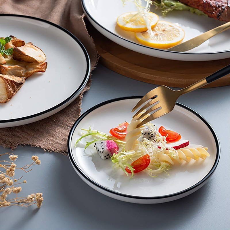 BonNoces 6-inch Small Porcelain Appetizer Plates, White with Black Edges