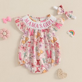Mamas Girl Baby Girl Outfit Newborn Smocked Romper Bow Print Ruffle Sleeveless Bodysuit Headband Summer Clothes (Colorful, 0-3 Months)