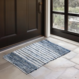 HOMEMONDE Chindi Rag Rug 20"x32" Rectangle Recycled Cotton Hand Braided Reversible Boho Rugs for Doormat/Kitchen/Living Room (Blue)