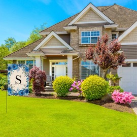 TopPacific Summer Monogram Letter S Garden Flag Blue Rose 12x18 Inch Double Sided Outside Small Burlap Linen Family Last Name Initial Yard Decoration(7252)