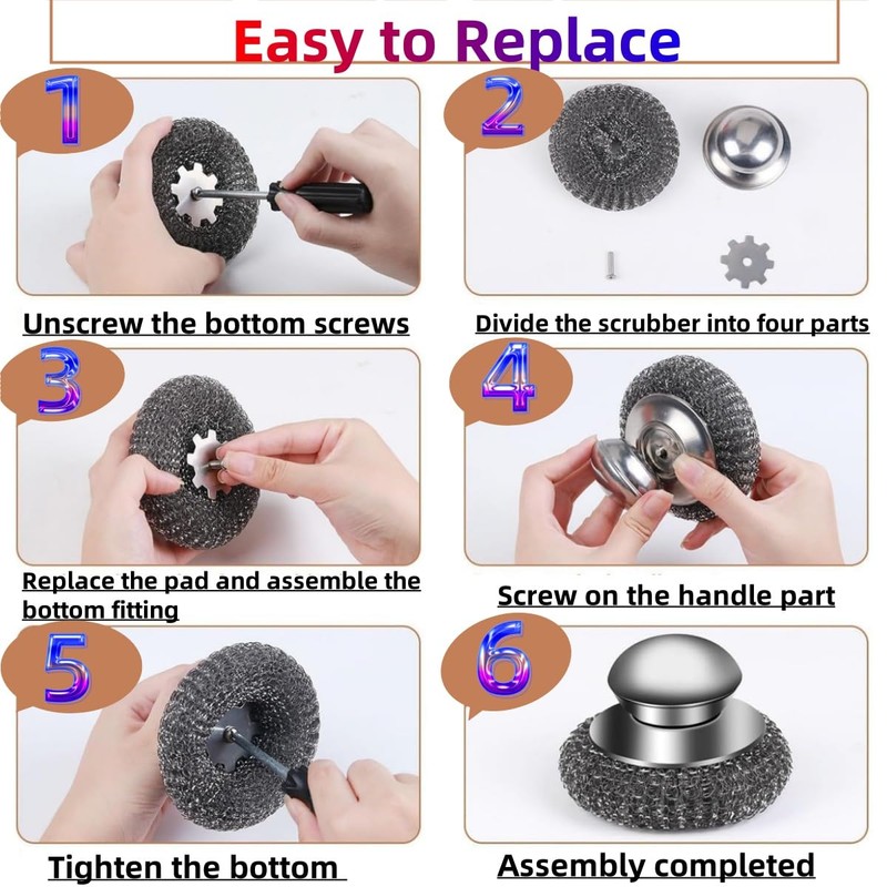 8Pcs Steel Wool Scrubber with 6 Replacement Pads and 2Stainless