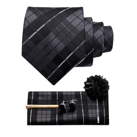 YourTies Black Tie for Men Silk Plaid Checkered Necktie Pocket Square Cufflinks Lapel Pin Tie Clip Set Business Wedding