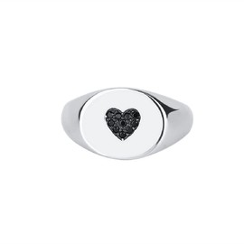 FeatherWish 925 Sterling Silver Ring Retro Vintage Style Signet Round Heart Statement Rings With Black Cubic Zirconia Women Size J L N P R (I)