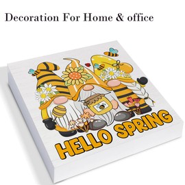 Spring Decor Farmhouse Hello Spring Wood Sign Spring Gnomes Decorations Country Home Living Room Table Desk Decor (5 x 5 Inches)
