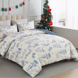 Yiran Queen Christmas Bedding Set, Christmas Duvet Cover, Blue White