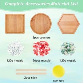 WEBEEDY 3 Styles DIY Mosaic Craft Kit Flower Mosaic Bamboo Coasters Kits for Adults Beginner, Green Glass Mosaic Tiles Pieces with Blank Base Tray for Handmade Art Home Decor