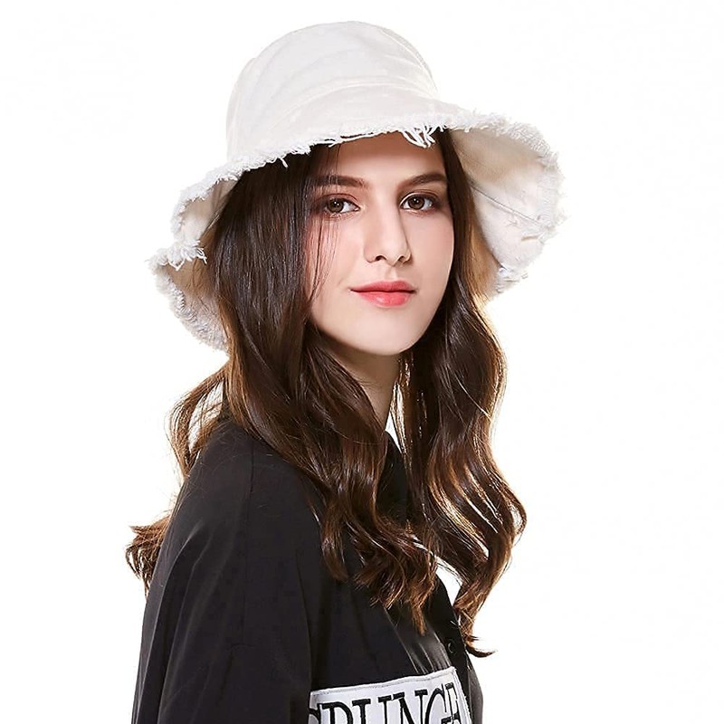 KorhLeoh Distressed-Sun-Bucket-Hat Sun-Protection Washed-Cotton Wide-Brim Beach-Cap for Summer White