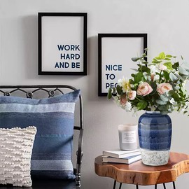 Decorative Ceramic Vases for Home Decor Two Tone Boho Flower Vase for Table Centerpieces Big Blue Pottery Vase Table Flowers Decor Vase Living Room Shelf Fireplace