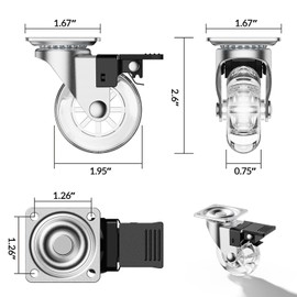 2 inch Clear Furniture Casters with Brakes, 360 Degree Swivel Transparent casters, Lightweight and Durable, Maximum Load Capacity 265lbs