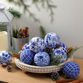 Preboun 12 Pcs Blue and White Chinoiserie Ball Ornaments Christmas Tree Hanging Ornaments Chinoiserie Fabric Wrapped Christmas Decoration for Party (3.15 Inch)