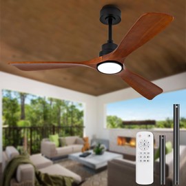 Dimmable 52 Inch Wood Ceiling Fans with Lights and Remote, Outdoor Ceiling Fan with Light, 3 Blade Indoor Outdoor Ceiling Fans for Patios, Porch, Bedroom, Living Room (Black Walnut)