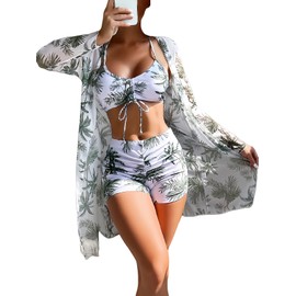 CUTEMOOT Women's 3 Piece Swimsuits Beach Kimono Cover ups Bikini Sets Swimwear Long Sleeve Bathing Suit with Shorts (White&Green, X-Large)