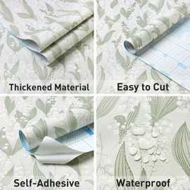 Floral Wallpaper Peel and Stick, Green Flower Contact Wall Paper Vintage Boho Leaf Wallpaper Self Adhesive Leaf Contact Paper for Furniture Bathroom Dining Room Living Room Decor 17.3" X 196"