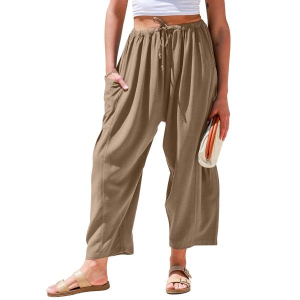 TARSE Womens Linen Pants Casual Wide Leg Loose Drawstring Low