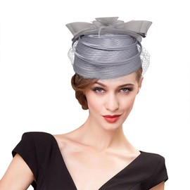 Woman Sinamay Fascinator Hat Pillbox Derby Hats Linen Feather with Veil Vintage Bridal Wedding Tea Party Cap, Gray, Medium