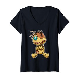 Womens Cute Creepy Voodoo Doll Button Eye Stitch Plush Graphic V-Neck T-Shirt