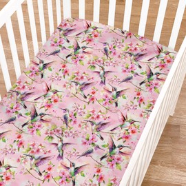 Hummingbird Spring Floral Fitted Baby Crib Sheets for Girl Boy 52"x28" Hummingbird Flowers Pink Crib Mattress Cover Colorful Birds Soft Breathable Baby Sheet for Standard Crib and Toddler Bed Mattress