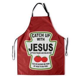 Granbey Christmas Apron Funny Text Catch Up With Jesus Christian Aprons Holiday Celebration Ketchup Print Chef Oxford Aprons with 2 Pockets and Adjustable Neck Straps for Kitchen Cooking Baking BBQ
