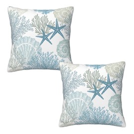 Nautical Coastal Throw Pillow Covers 20x20 Set of 2, Beach Themed Ocean Seashell Coral Starfish Pillow Covers Outdoor Decorative Pillow Case for Couch Bed Sofa Cushion Home Decor