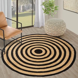 GRUHUM Round Jute Black Area Rugs 5ft Natural Fibre Rug with Rings Handwoven Boho Reversible Farmhouse Braided Rustic Vintage Rug Indoor Kitchen Bedroom Living Room Hallways Enterways 5 feet Circle