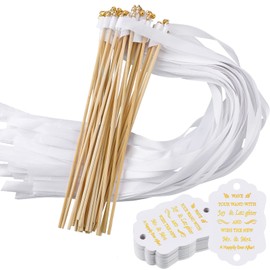 100 Pcs Wedding Wands with Gold Bells and Favor Tags, Silk Ribbon Dancer Wand White Wand Streamers for Wedding Party Baby Shower Send Off Party Activities Holiday Favors