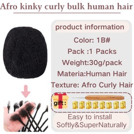 Afro Kinkys Bulk Human Hair for, Loc Repair, Twists, Afro Kinky Curly Human Hair Bulk Hair For Dreadlocks Extensions Bulk Human Braiding Hair (1B# 8inch 30g/Pack)