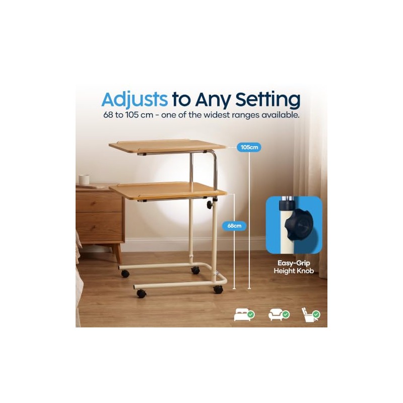 Eazy Overbed Table with Wheels, Adjustable height Bed Table for